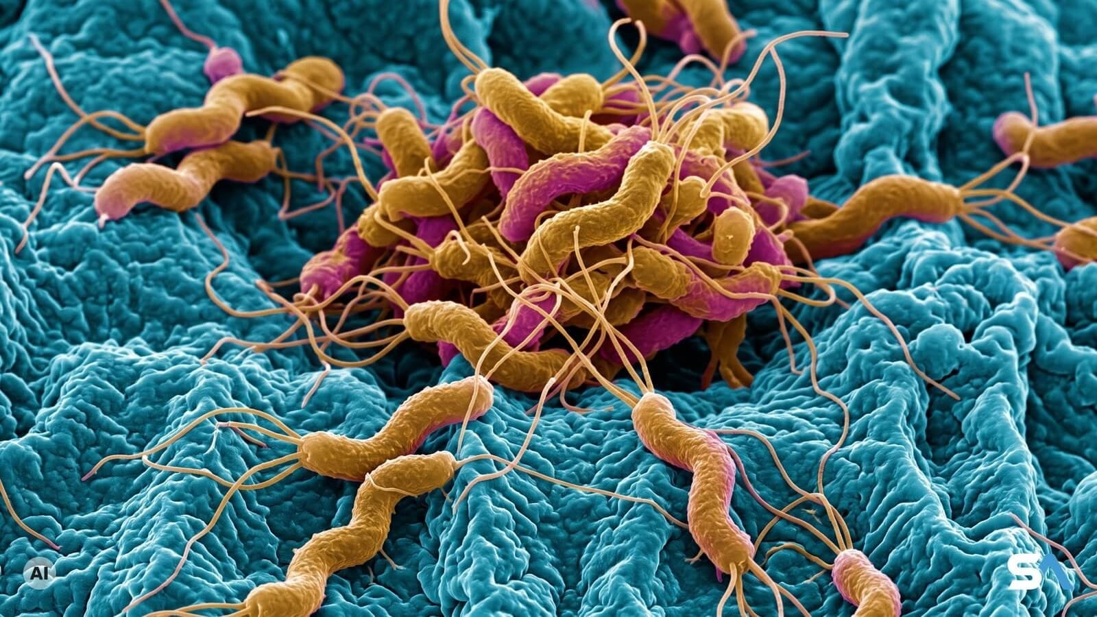 Des bactéries de l'estomac vues au microscope - Illustration générée par IA