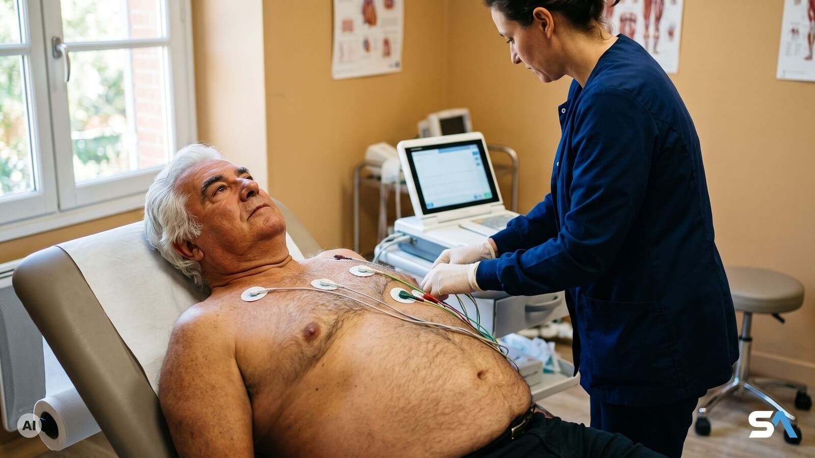 Un homme de 67 ans passe un électrocardiogramme chez son médecin - Illustration générée par IA