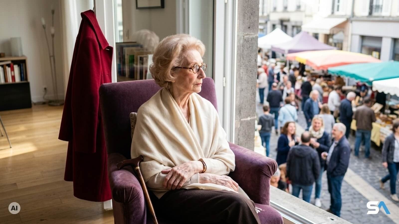 Une retraitée seule regarde le marché depuis son séjour - Illustration générée par IA