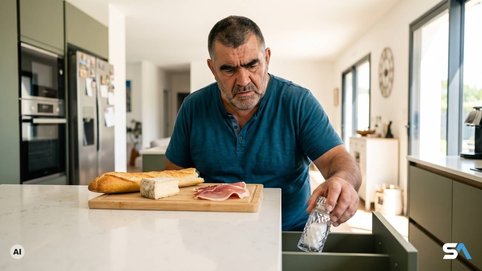 Un homme range sa salière devant une baguette et du fromage - Illustration générée par IA