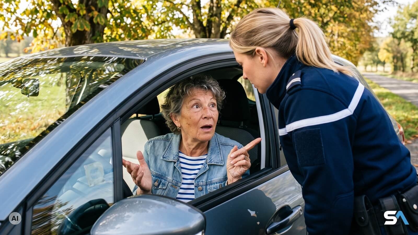 Une conductrice explique à une gendarme qu'elle n'a plus de papier prouvant l'assurance de son véhicule - Illustration générée par IA