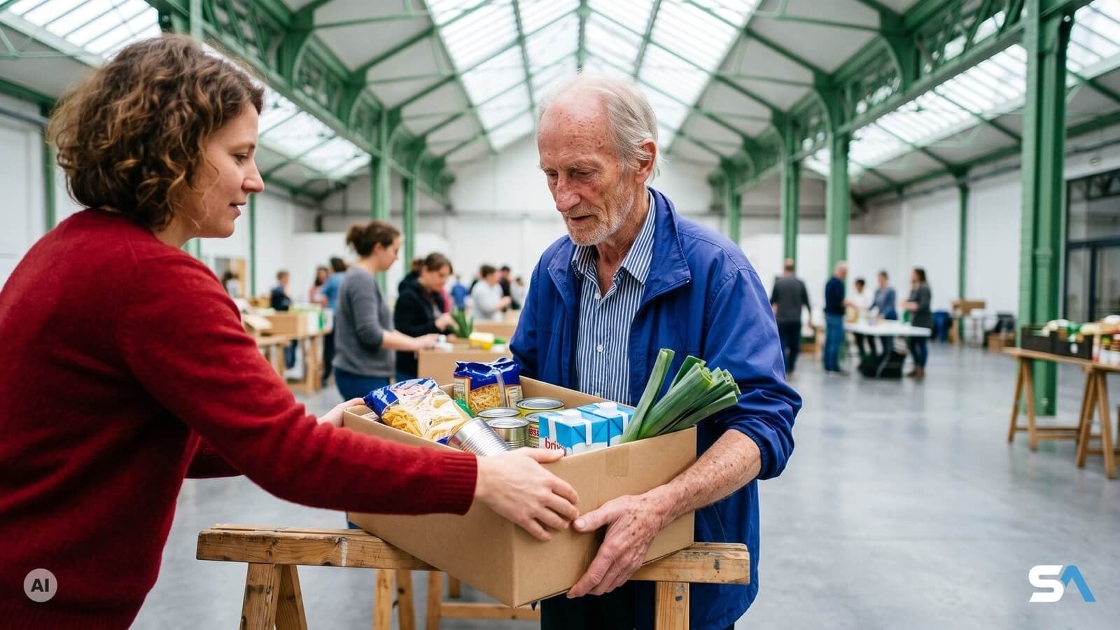 Un homme reçoit une caisse de denrées d'une bénévole des Resto du Coeur - Illustration générée par IA