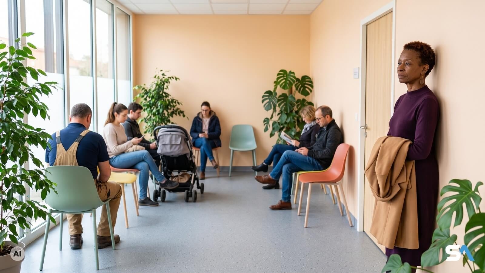 Une retraitée attend debout dans une salle d'attente pleine - Illustration générée par IA
