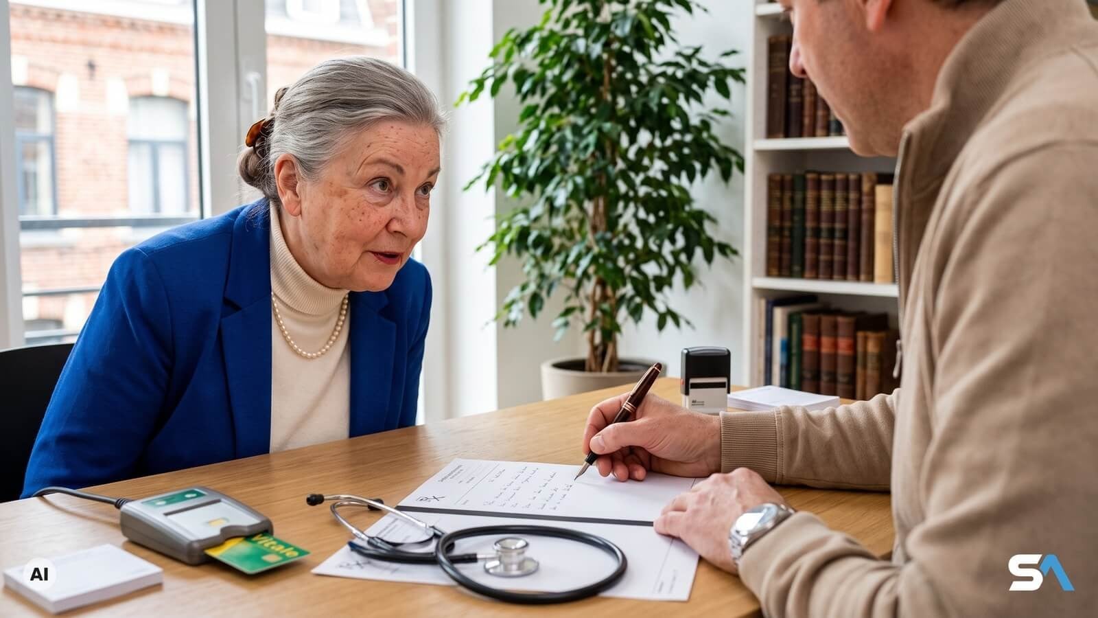 Un médecin remplit une ordonnance bizone face à une retraitée - Illustration générée par IA