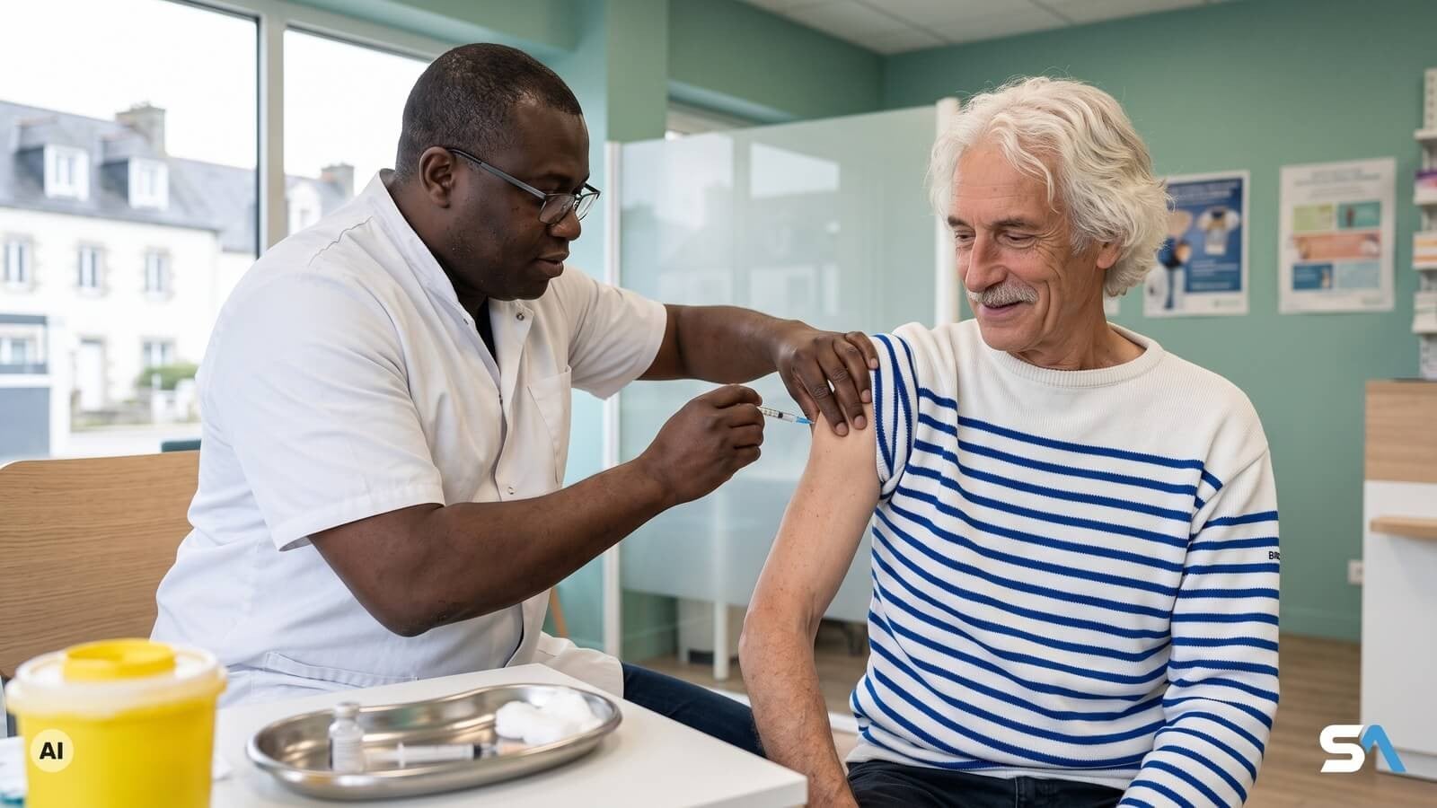 Un pharmacien vaccine un retraité contre le Covid - Illustration générée par IA