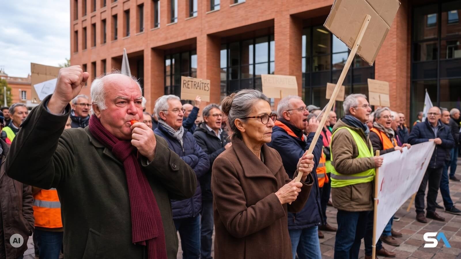 Des retraités manifestent au pied d'un immeuble de bureaux - Illustration générée par IA