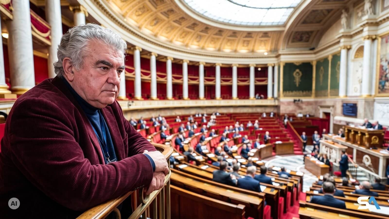 Un retraité observe l'hémicycle depuis les tribunes du public - Illustration générée par IA