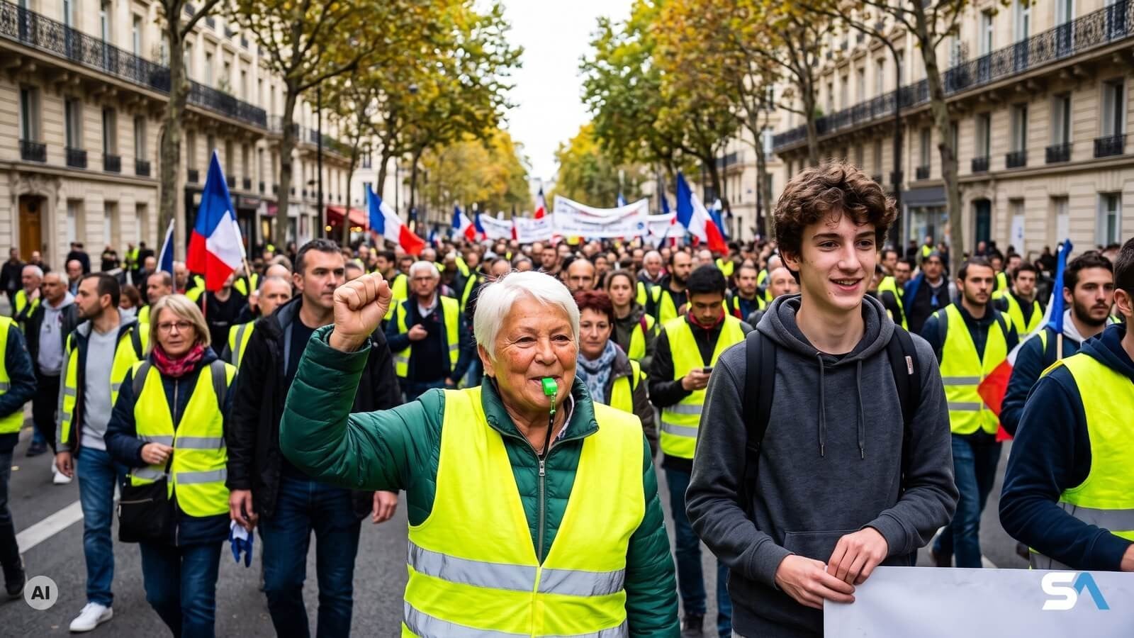 Une retraitée en gilet jaune défile avec un lycéen place du Capitole - Illustration générée par IA
