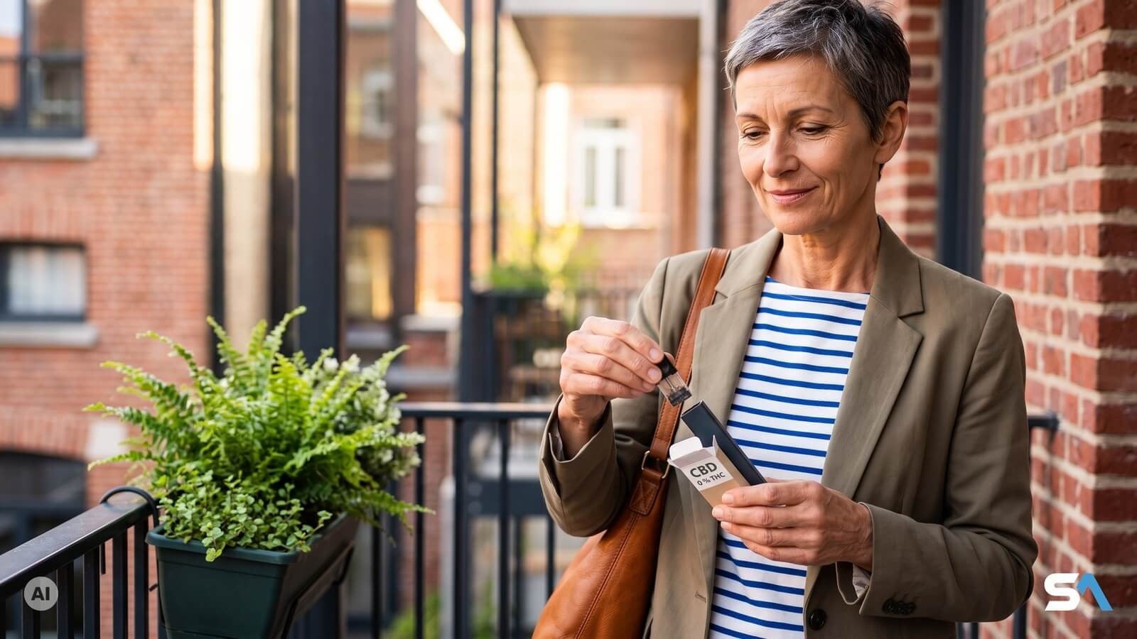 Une femme recharge sa cigarette électronique en e-liquide CBD sur son balcon - Illustration générée par IA