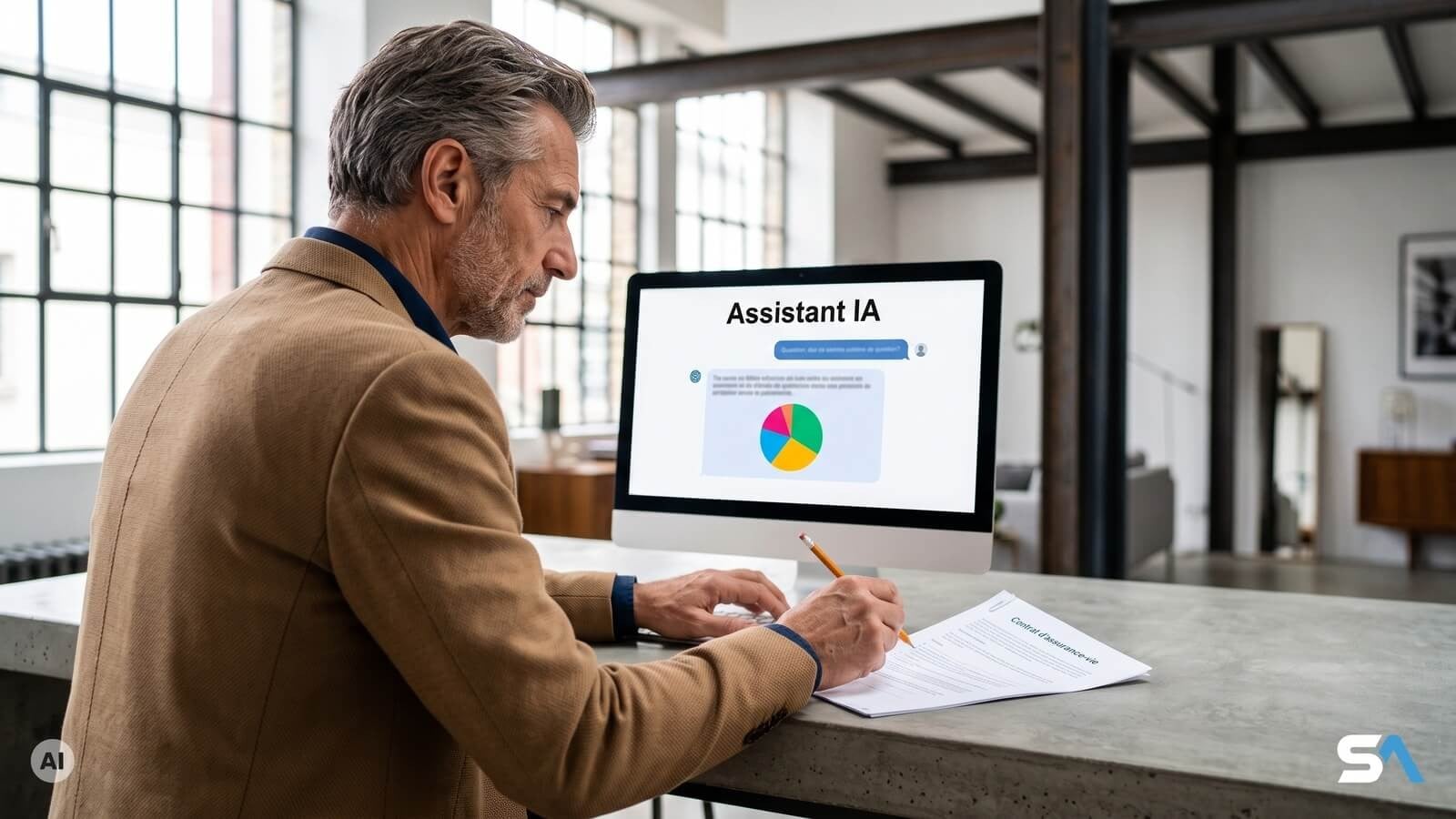 Un homme compare son contrat d'assurance vie avec la réponse d'un assistant d'IA sur son ordinateur - Illustration générée par IA