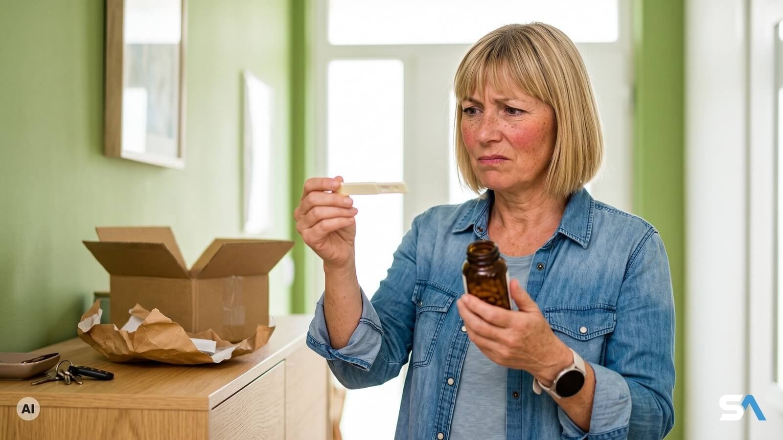 Une femme examine un test urinaire et un flacon de gélules sortis d'un colis - Illustration générée par IA