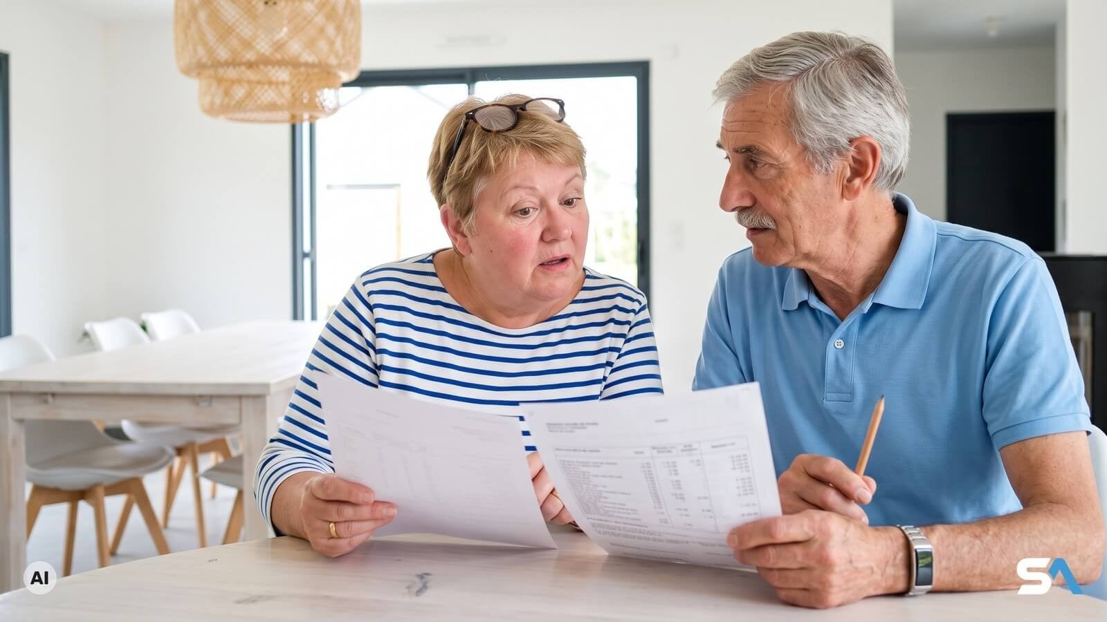 Un couple de retraités compare ses deux avis de paiement de pension - Illustration générée par IA