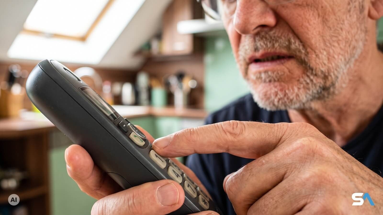 Un index s'apprête à enfoncer la touche 1 d'un téléphone sans fil - Illustration générée par IA