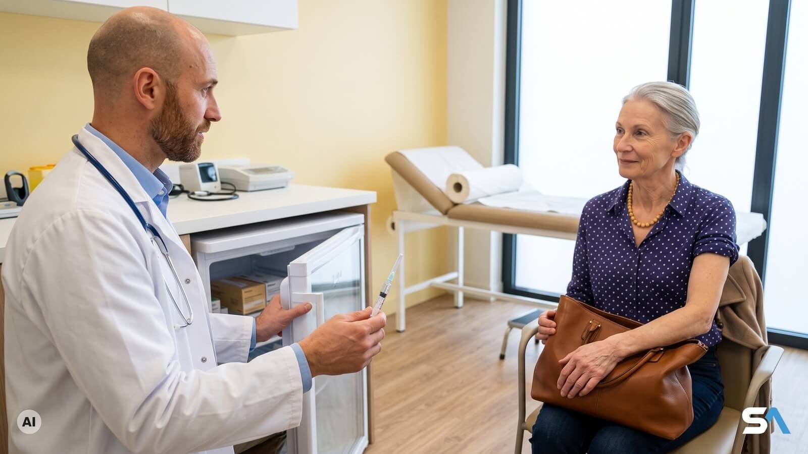 Un médecin sort un vaccin de son réfrigérateur médical devant une patiente - Illustration générée par IA