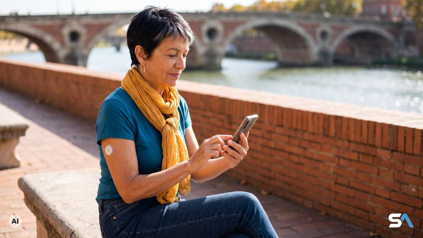 Une femme vérifie l'application de son capteur de glycémie sur un banc au bord de la Garonne - Illustration générée par IA