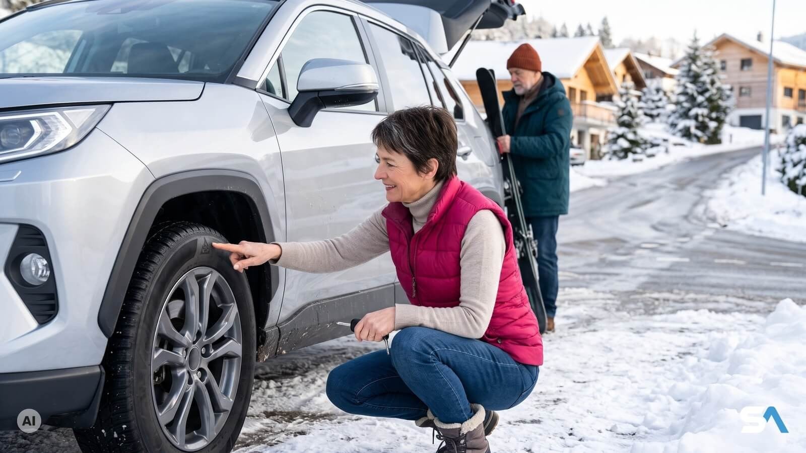 Une conductrice vérifie le flocon sur le pneu de sa voiture à l'entrée d'un village du Jura - Illustration générée par IA