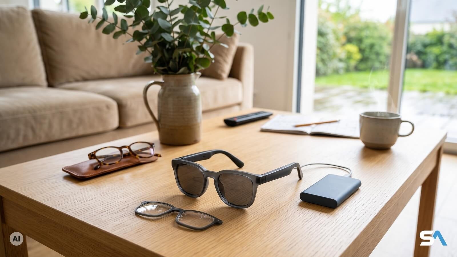 Des lunettes connectées et leur cadre de verres correcteurs près de lunettes de vue - Illustration générée par IA